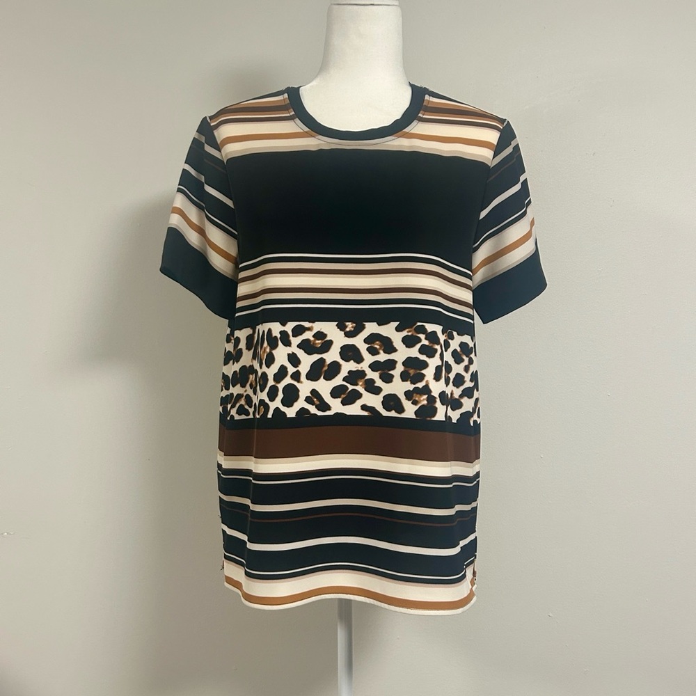 DKNY Blouse | Size S | Animal Print w/ Stripes | Short Sleeve | NWT